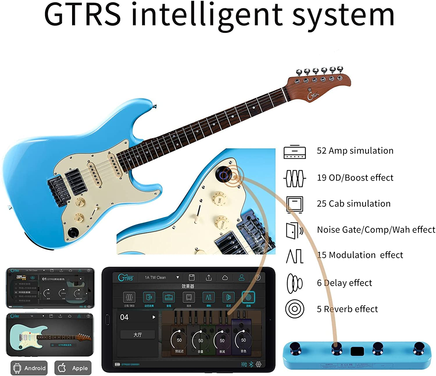 Pedal, tablet ve efektlerle mavi elektro gitar seti.
