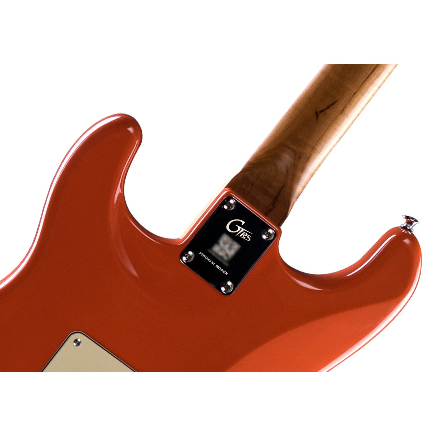 Boyun kısmında ahşap deseni ve siyah logo bulunan turuncu elektro gitarın arka görünümü.
