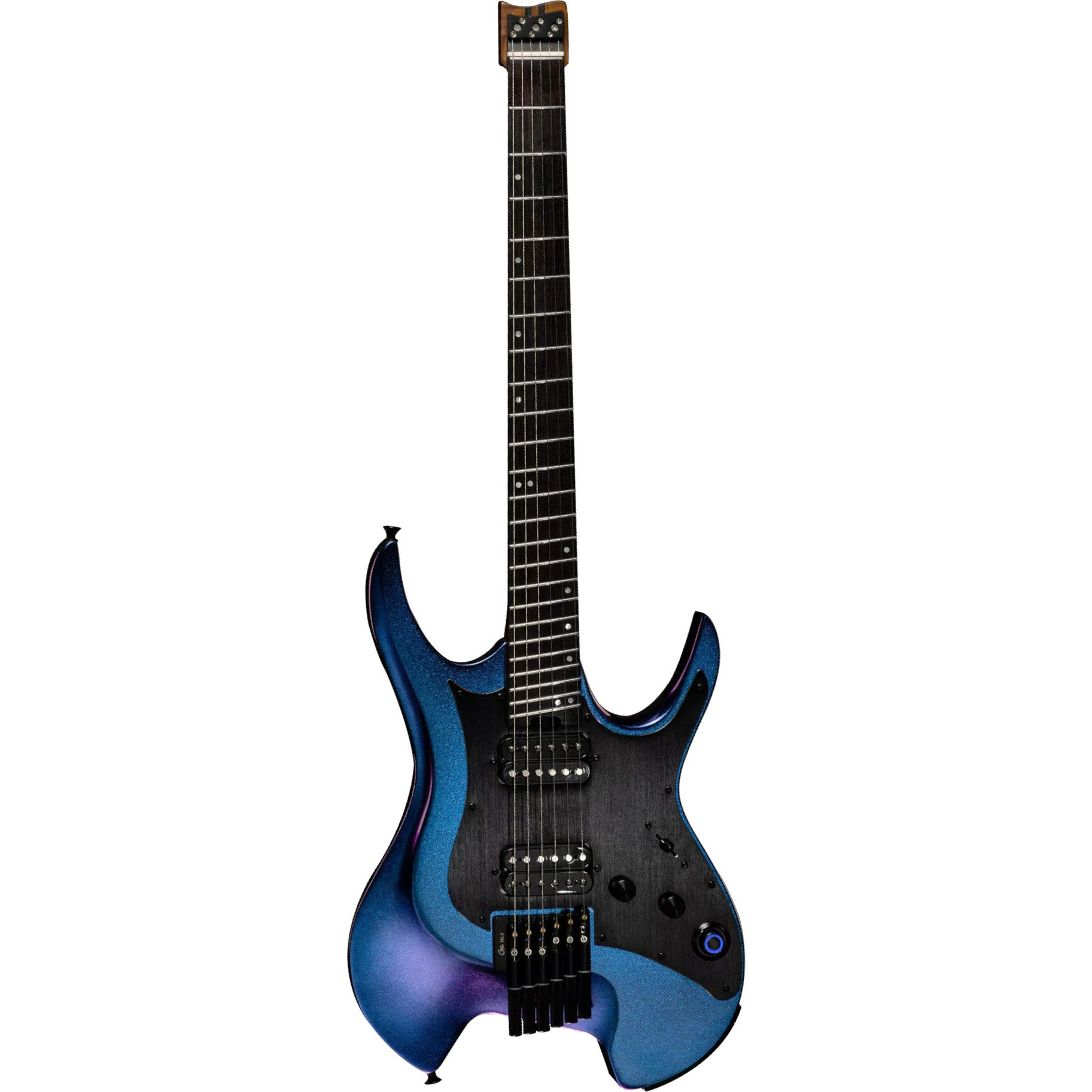 Siyah klavyeli ve gümüş telli mavi elektro gitar.