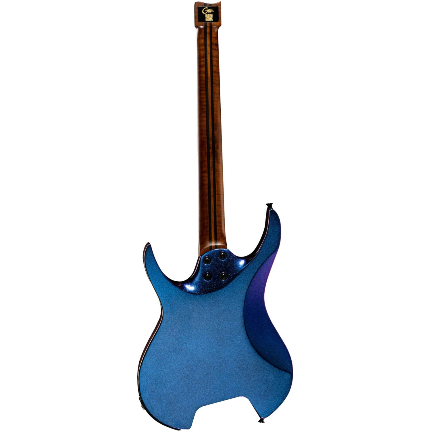 Ahşap klavyeli ve logolu mavi elektro gitarın arka görünümü.