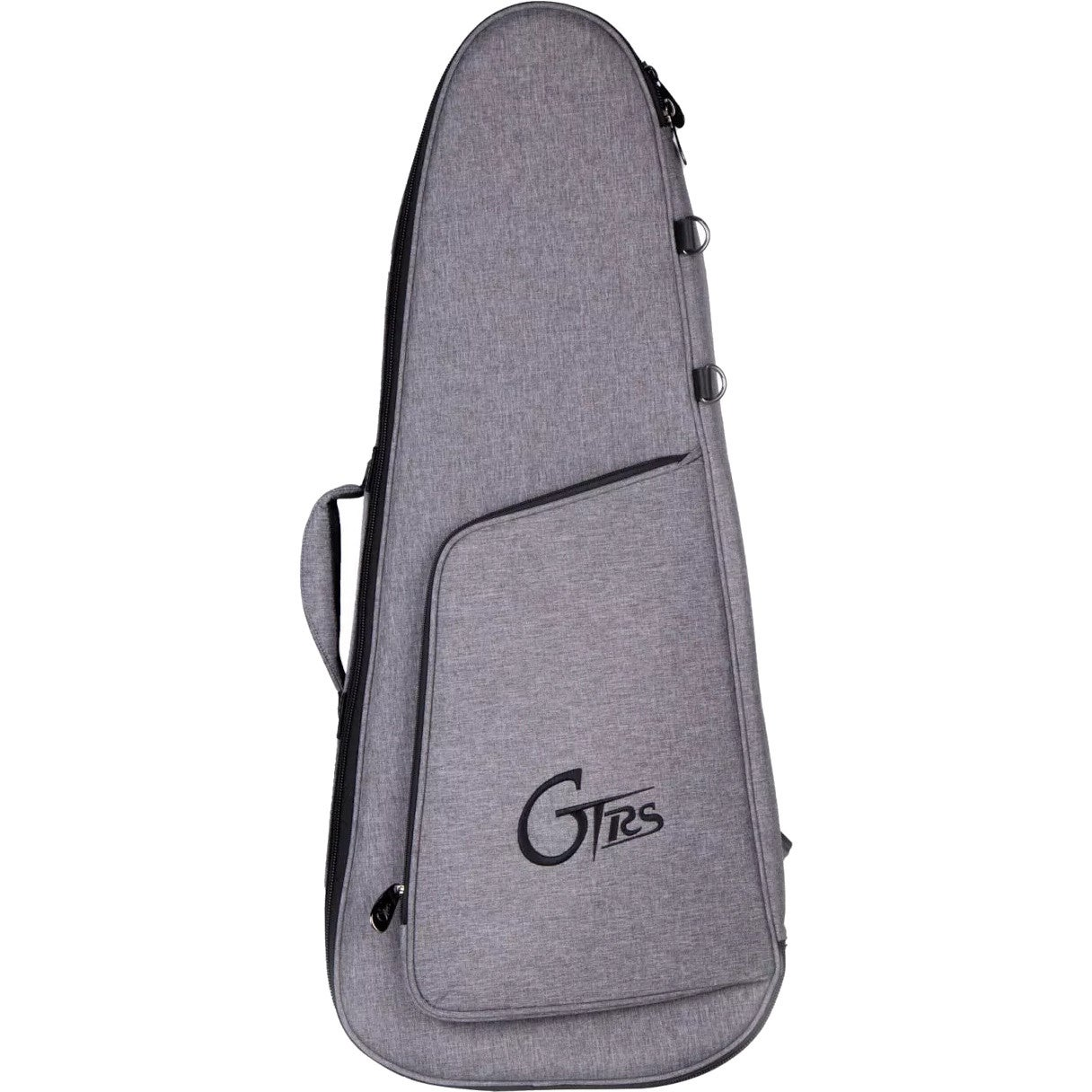 Siyah fermuarlı ve logolu gri gitar kılıfı.