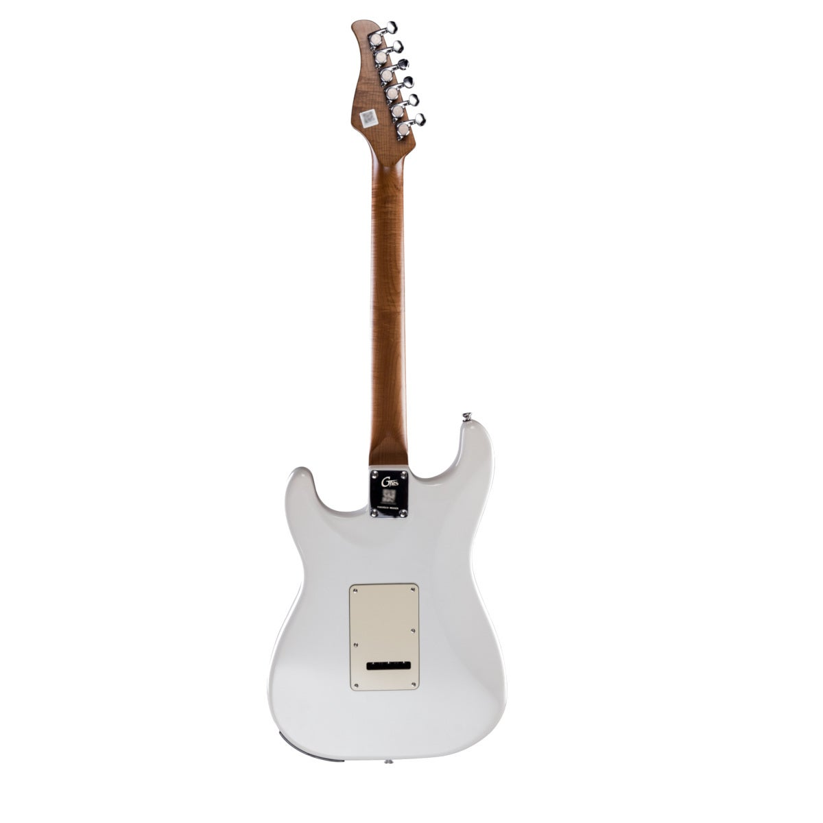 Kahverengi saplı ve headstocklu beyaz elektro gitar, arkadan görünümü.