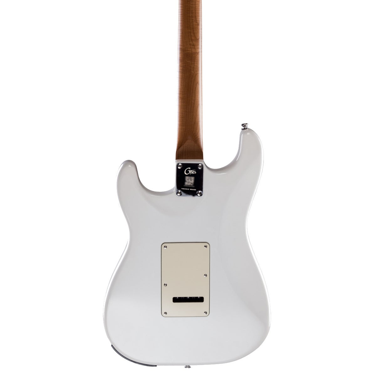 Ahşap damarlı sapa ve krem rengi plakaya sahip beyaz elektro gitarın arkası.