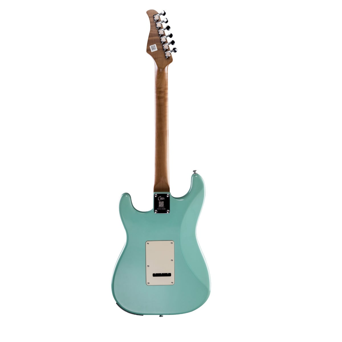 Ahşap saplı ve gümüş burgulu turkuaz elektro gitarın arka görünümü.
