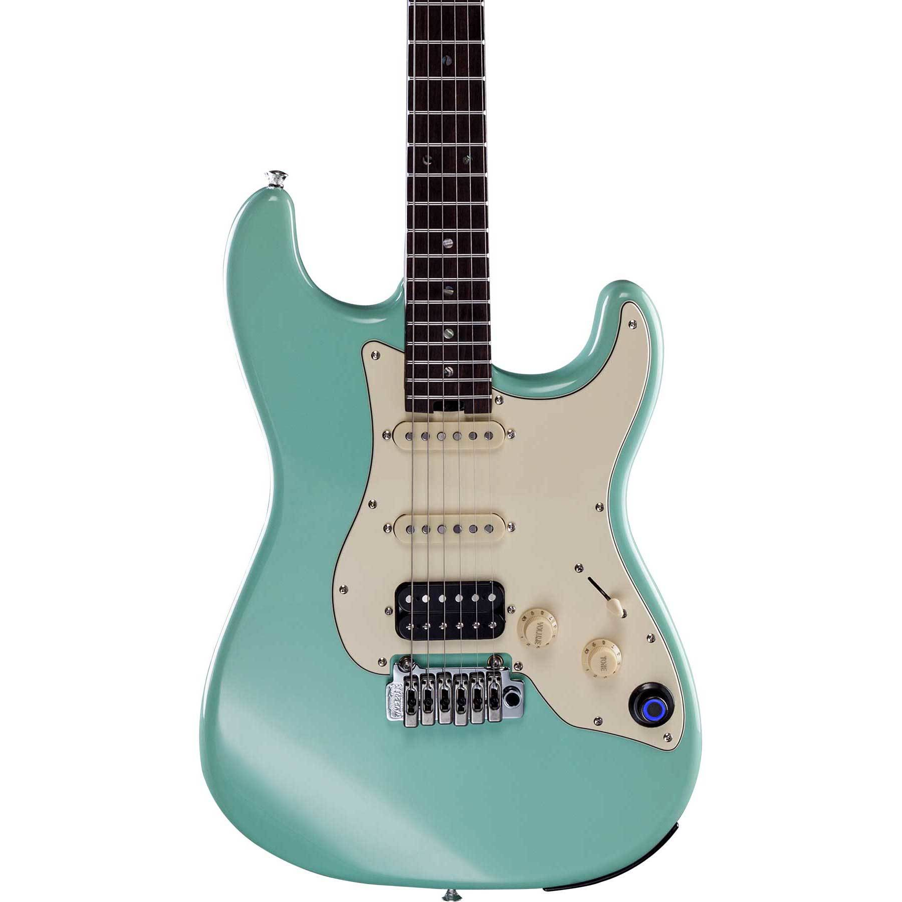 Krem pena korumalı, krom donanımlı, nane yeşili elektro gitar.