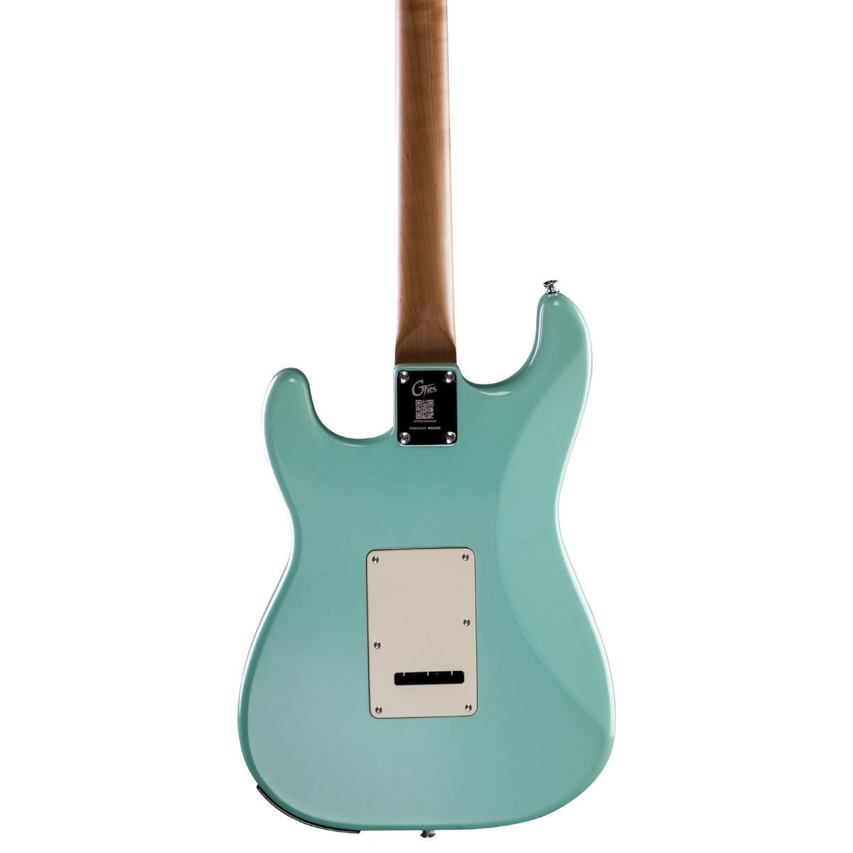 Açık yeşil elektro gitarın arkası, ahşap saplı ve krem rengi arka plakalı.