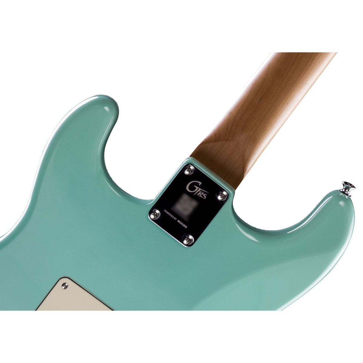 Ahşap damarlı siyah GTRS plakalı turkuaz gitar sapı.
