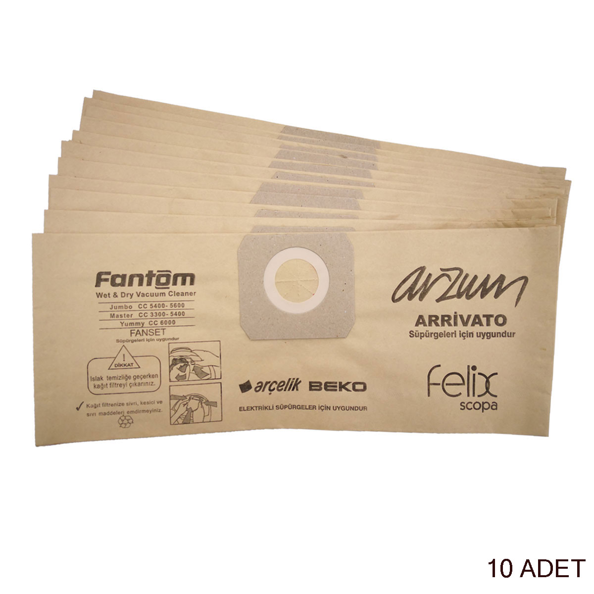 Fantom, Arzum, Arçelik, Beko, Felix logolu on adet kahverengi elektrikli süpürge torbası.