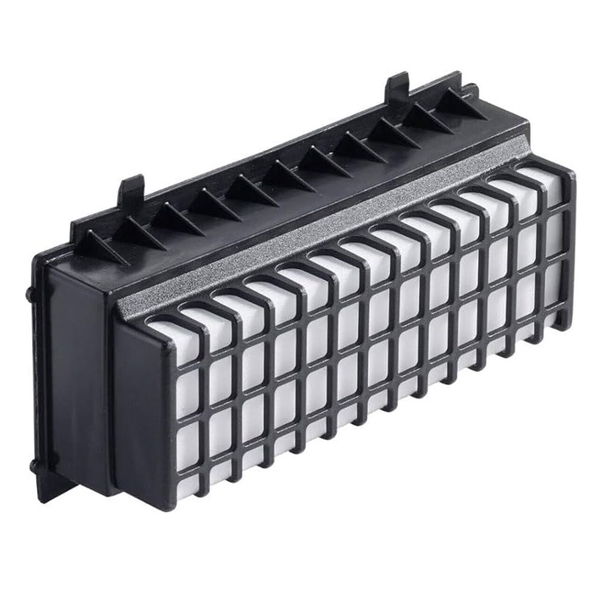 Filtro aria nero con inserti bianchi e struttura a griglia.