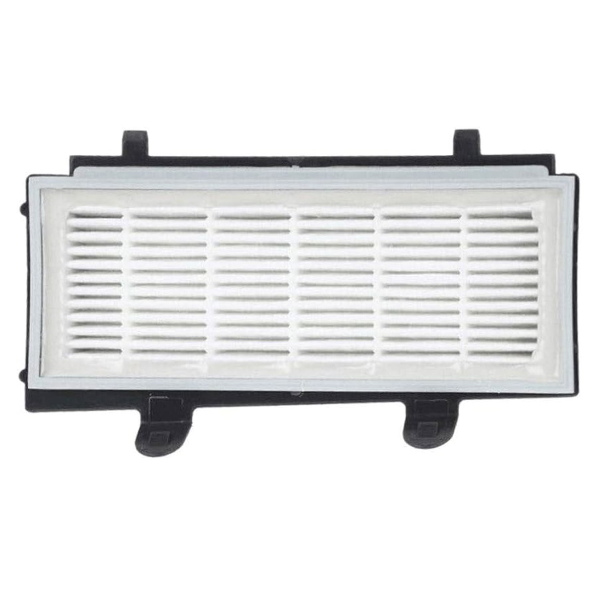 Un filtro rettangolare bianco per aspirapolvere con cornice nera e clip di ritenzione.