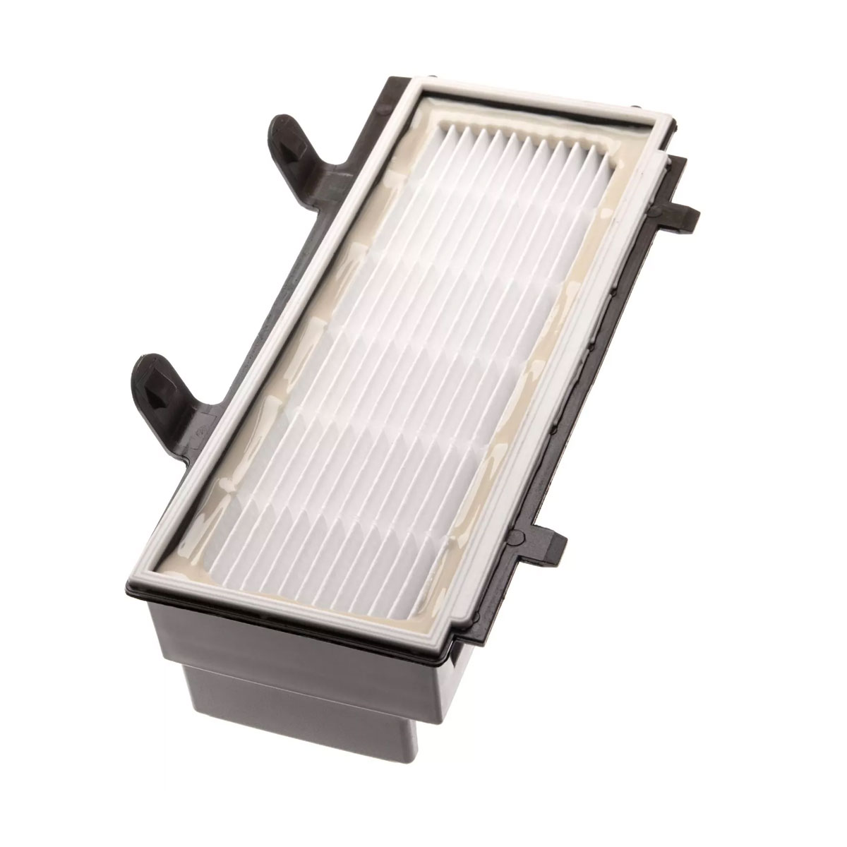 Un filtro dell'aria bianco rettangolare con cornice nera e due clip.
