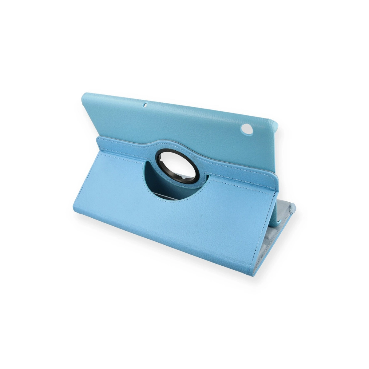 Tutamaklı ve stant fonksiyonlu açık mavi tablet kılıfı.