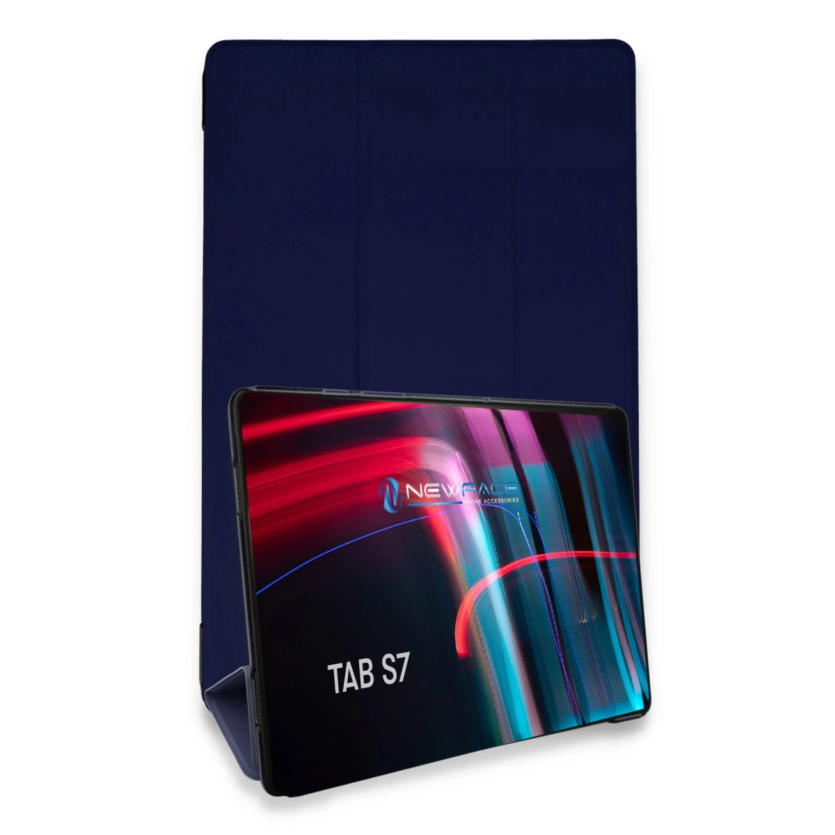 Renkli bir ekran gösteren tablete sahip koyu mavi tablet standı.