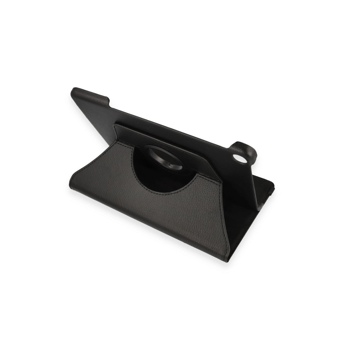 Stand fonksiyonlu siyah deri tablet kılıfı, beyaz zeminde.
