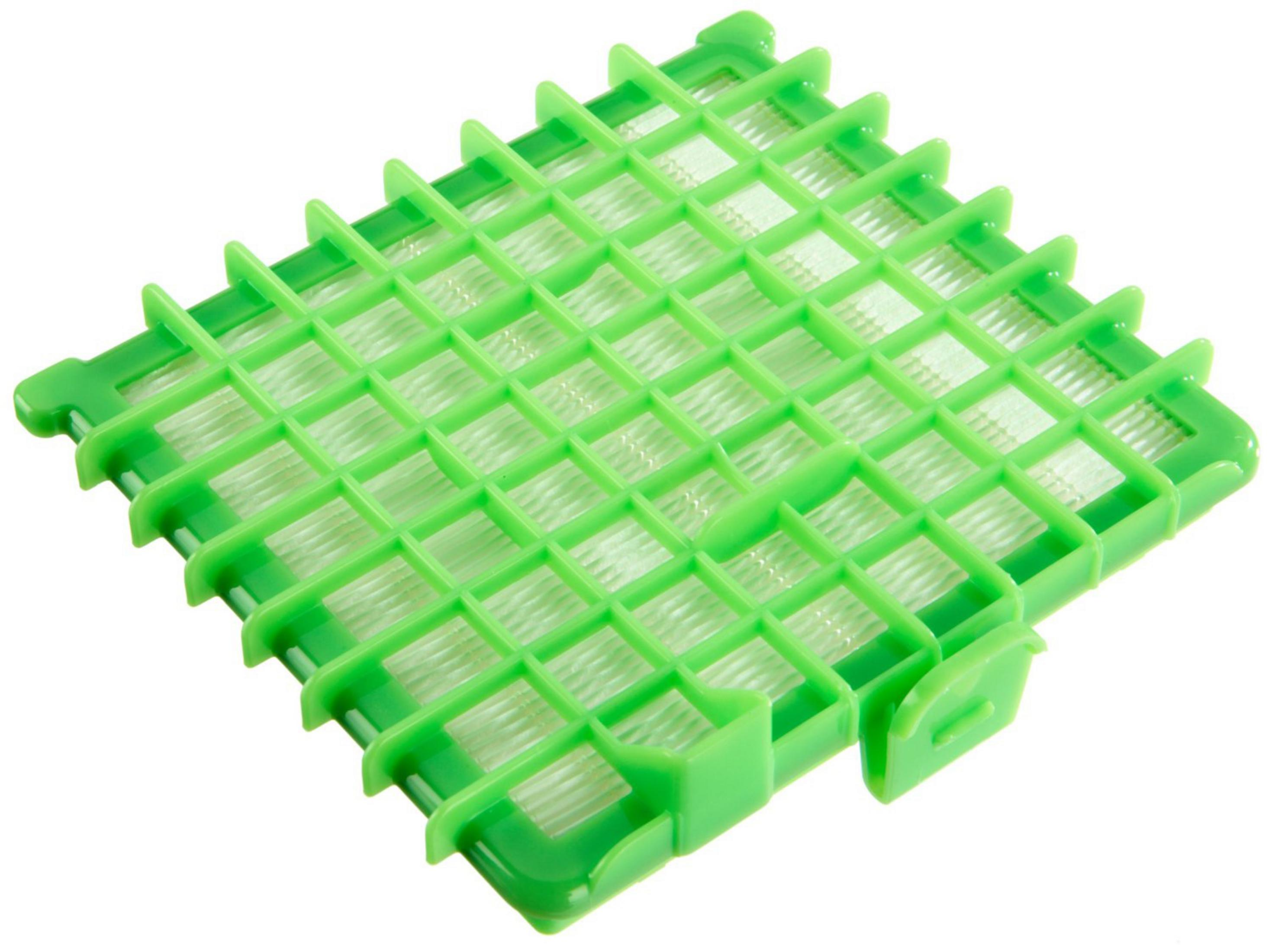 Grüner Kunststofffilter mit weißem Filtermaterial, Gitterstruktur.