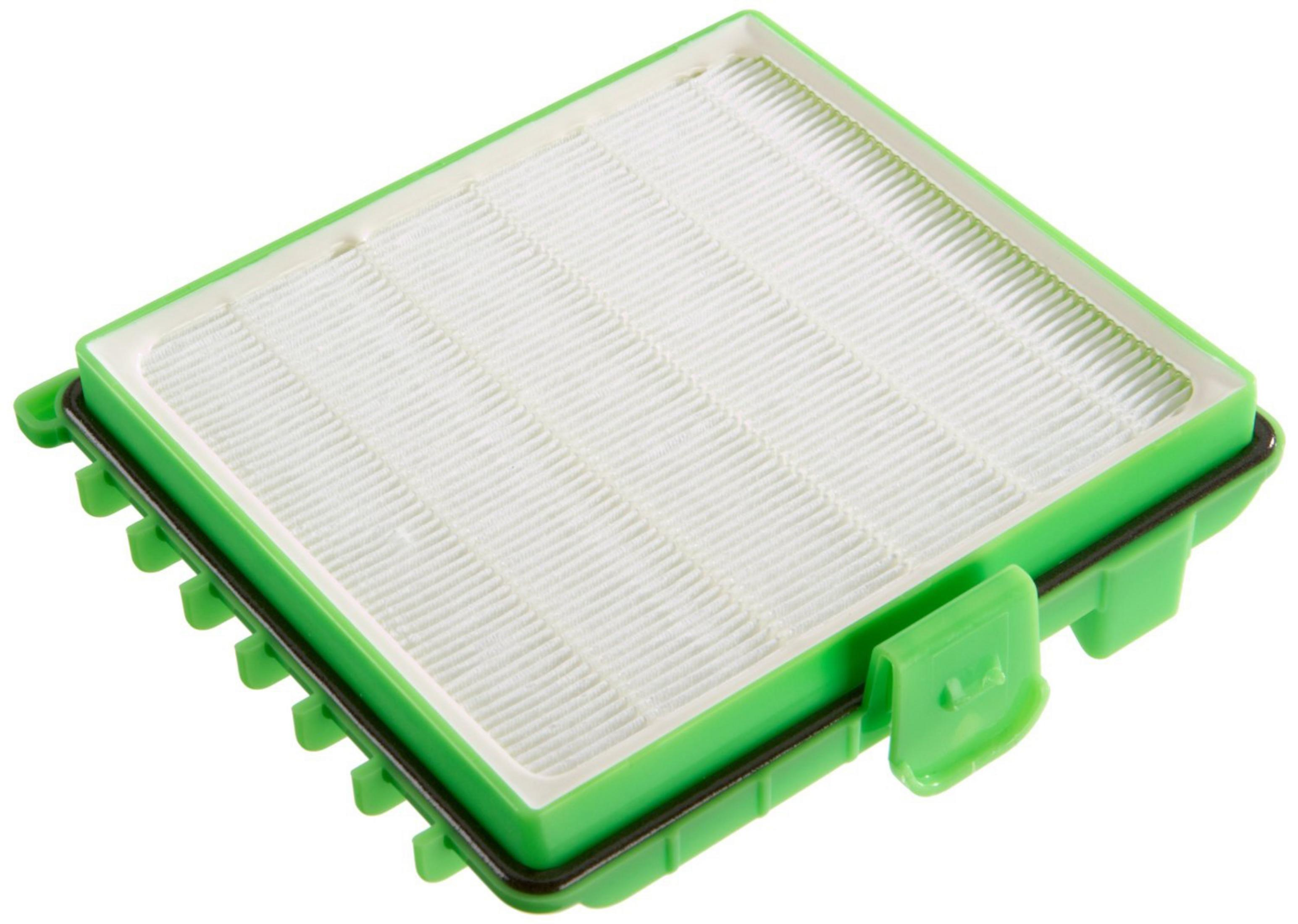 Ein grüner Staubsaugerfilter mit weißem Filtermedium auf weißem Hintergrund.