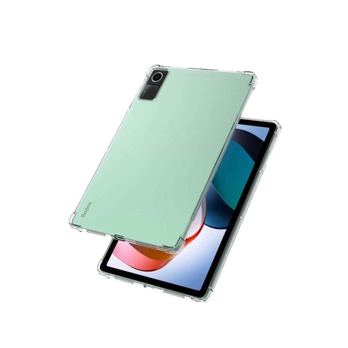 Şeffaf koruyucu kılıf içinde nane yeşili tablet, başka bir tabletin üzerinde duruyor.