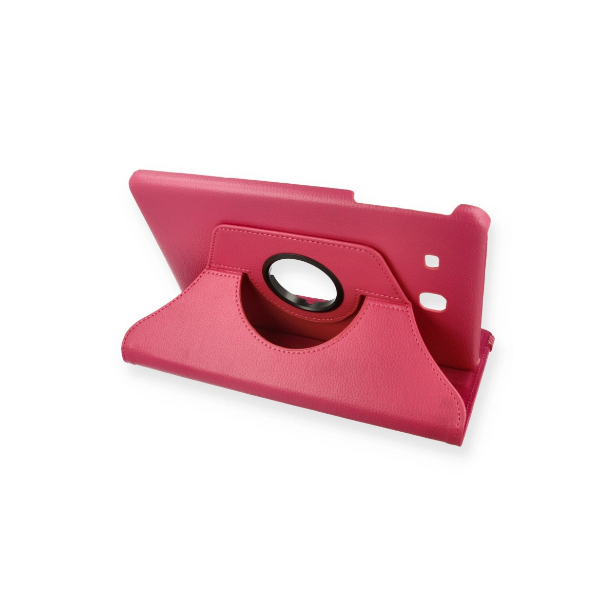 Pembe tablet kılıfı, elde tutma yeri ve döner halkasıyla beyaz zeminde.