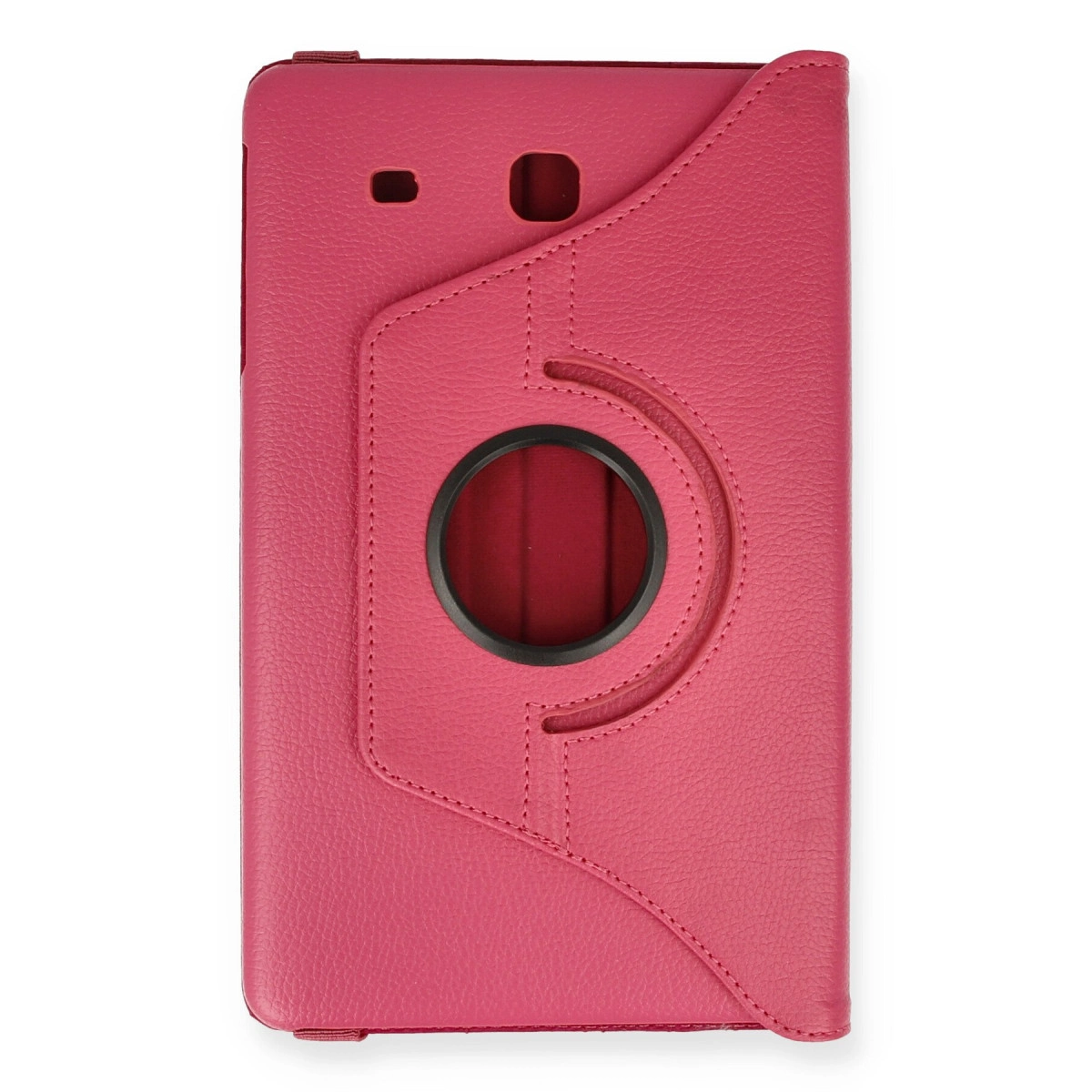Siyah dairesel detaylı ve dikişli pembe tablet kılıfı.