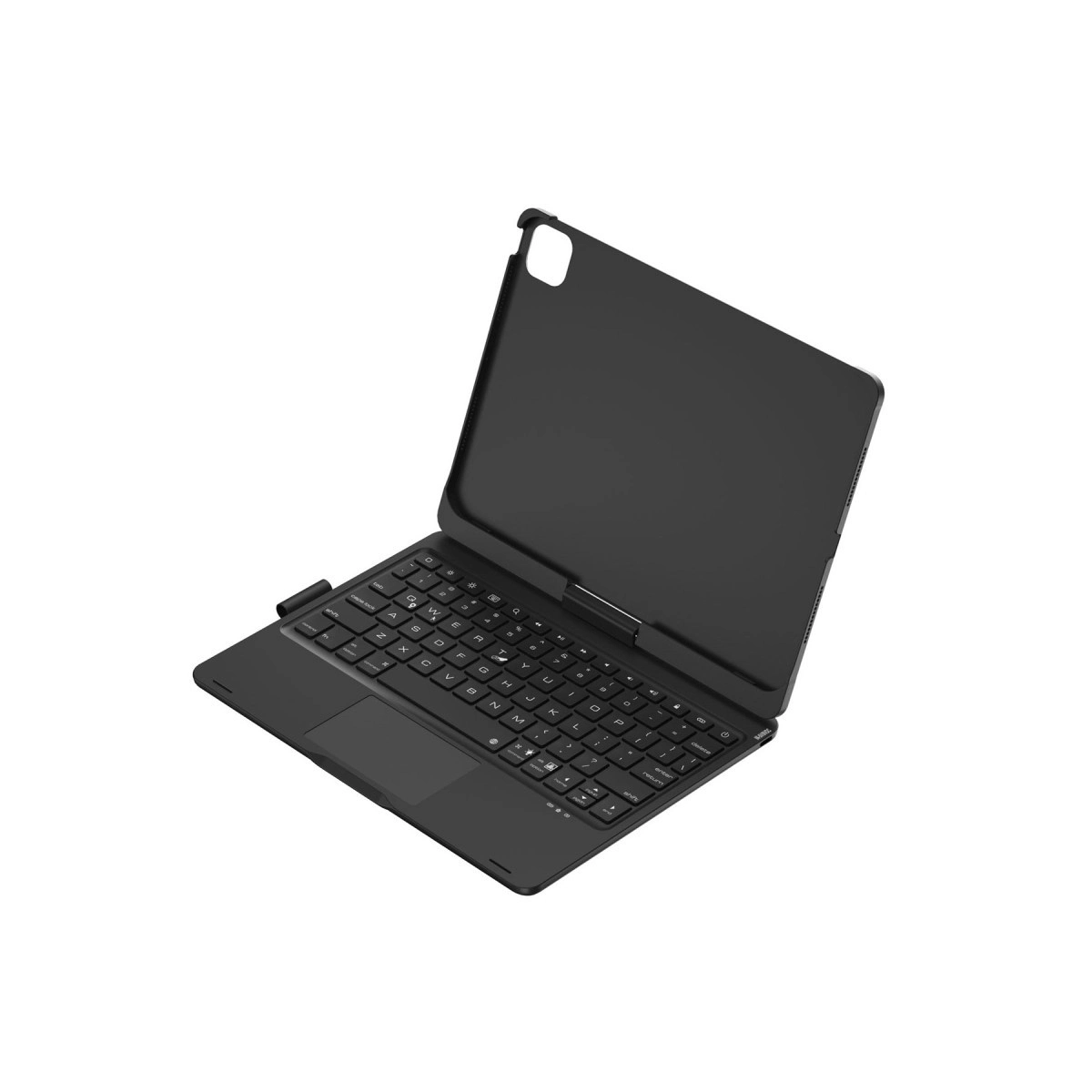 Siyah tablet klavye kılıfı, klavyeli ve dokunmatik yüzeyli, beyaz zeminde.