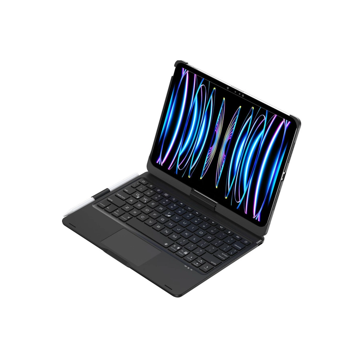 Beyaz arka plan üzerinde klavyeli ve kalemli siyah tablet.