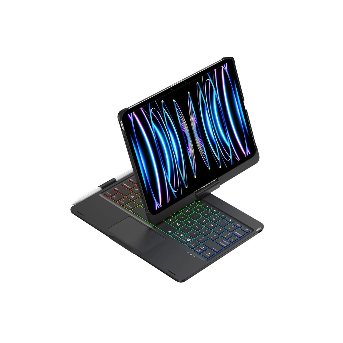 Arkadan aydınlatmalı klavyeli tablet ve stylus, beyaz zeminde.