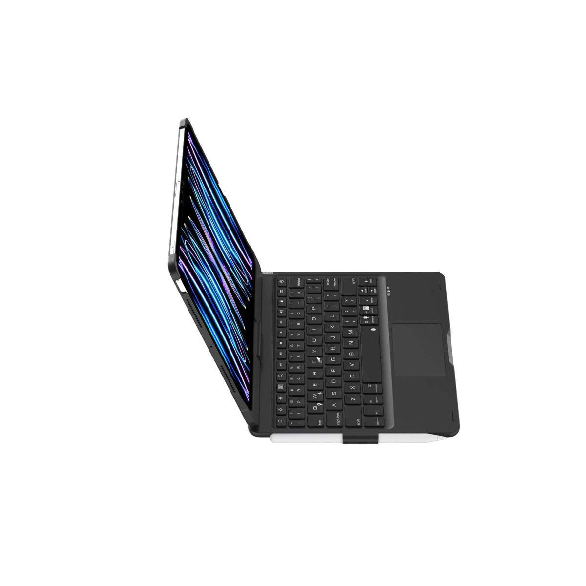 Arkadan aydınlatmalı, klavyeli ve kalemli siyah tablet.