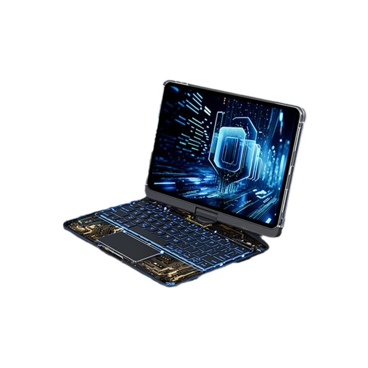 Ekranında dijital devre tasarımı ve mavi parlayan klavyeye sahip bir tablet.