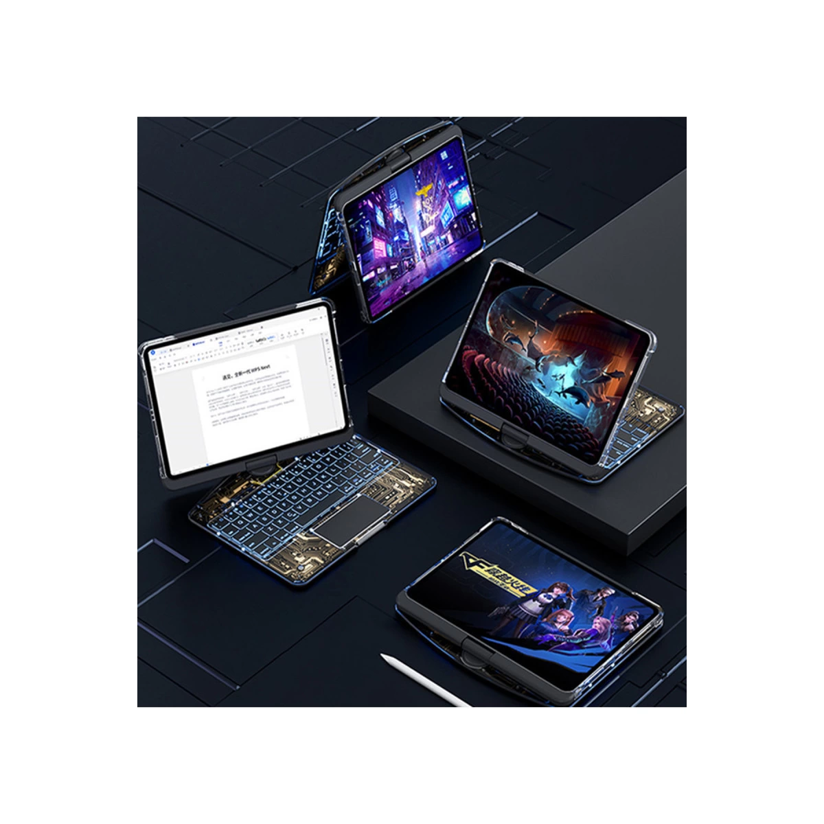 Koyu arka plan üzerinde aydınlatmalı klavyeli dört katlanabilir tablet.