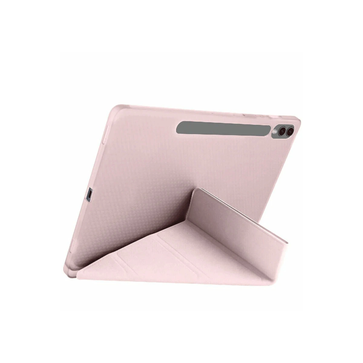 Arkadan gösterilen, kameralı ve şarj portlu pembe tablet.