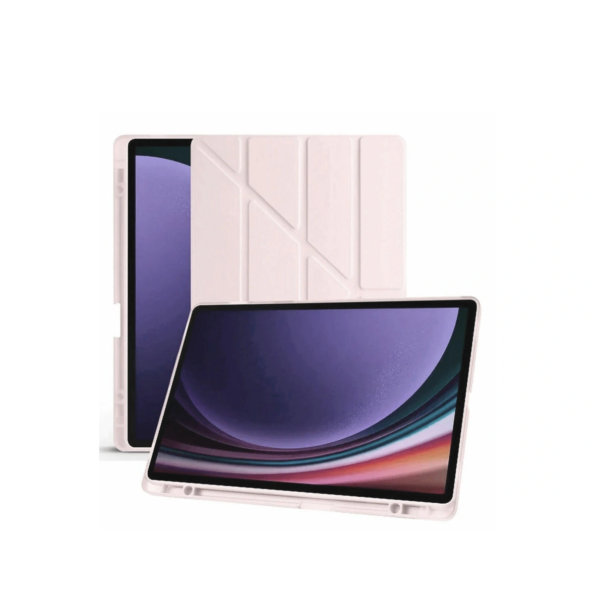 Renkli arka plana sahip ekranlı, katlanmış kılıflı açık pembe tablet.