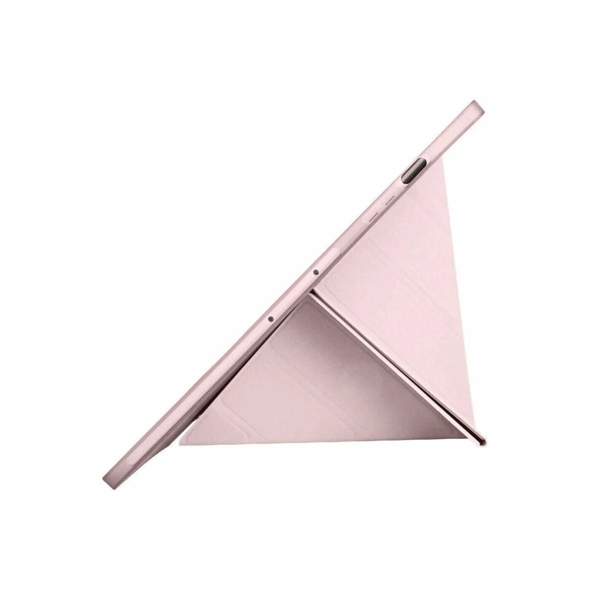 Açık pembe renkli tablet standı beyaz arka plan üzerinde gösteriliyor.