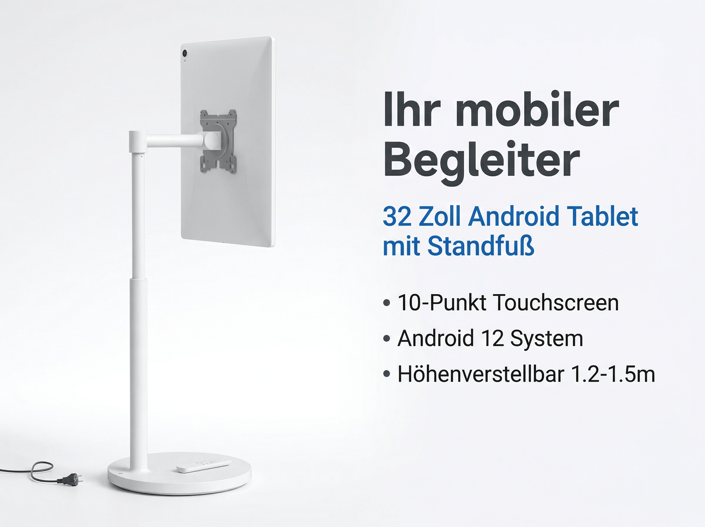Ein weißes Android-Tablet auf einem Standfuß mit Kabel und Stecker.