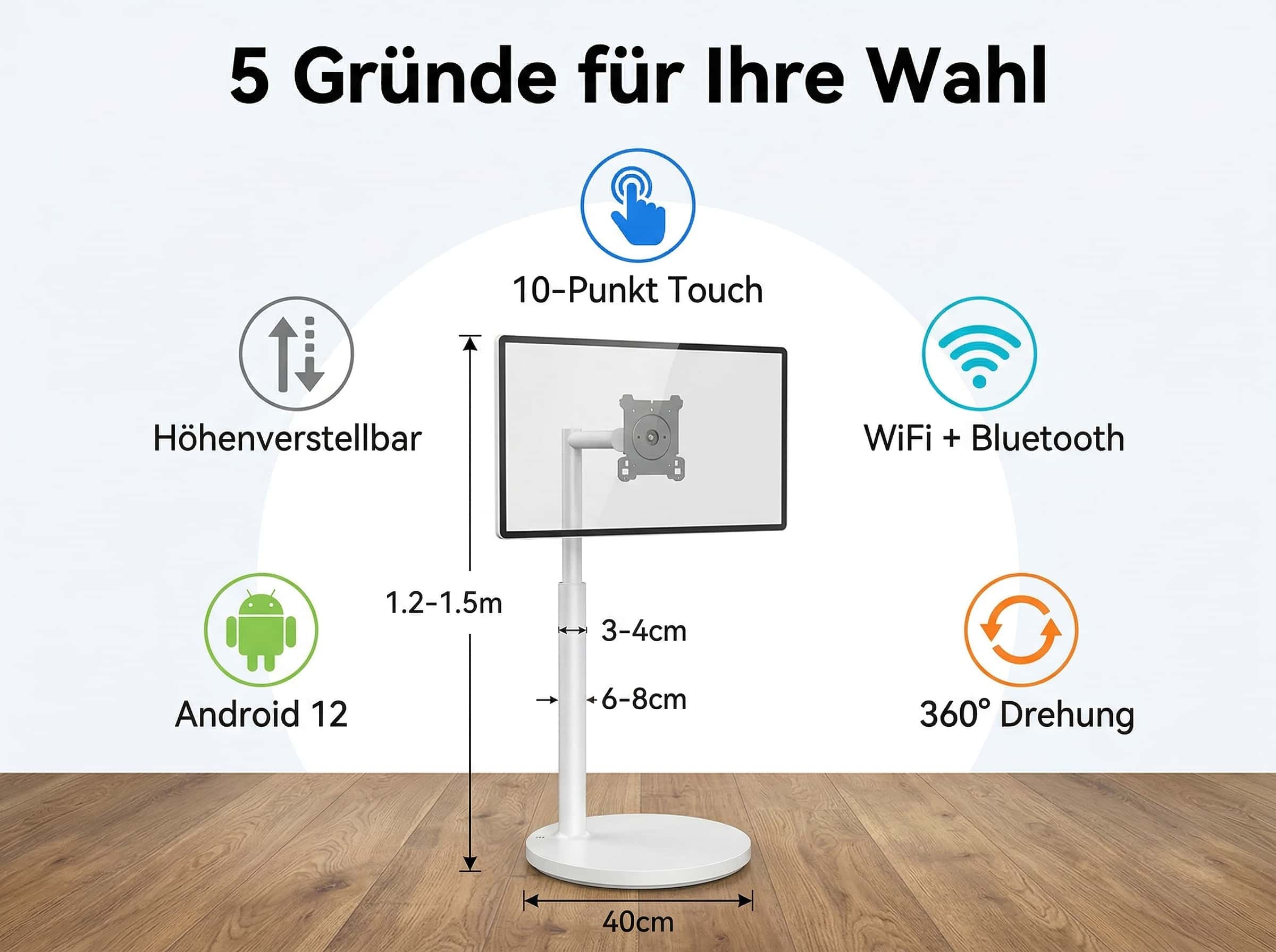 Ein Bildschirm auf einem Standfuß mit Symbolen für Touch, Android 12, WiFi, Höhe und Drehung.