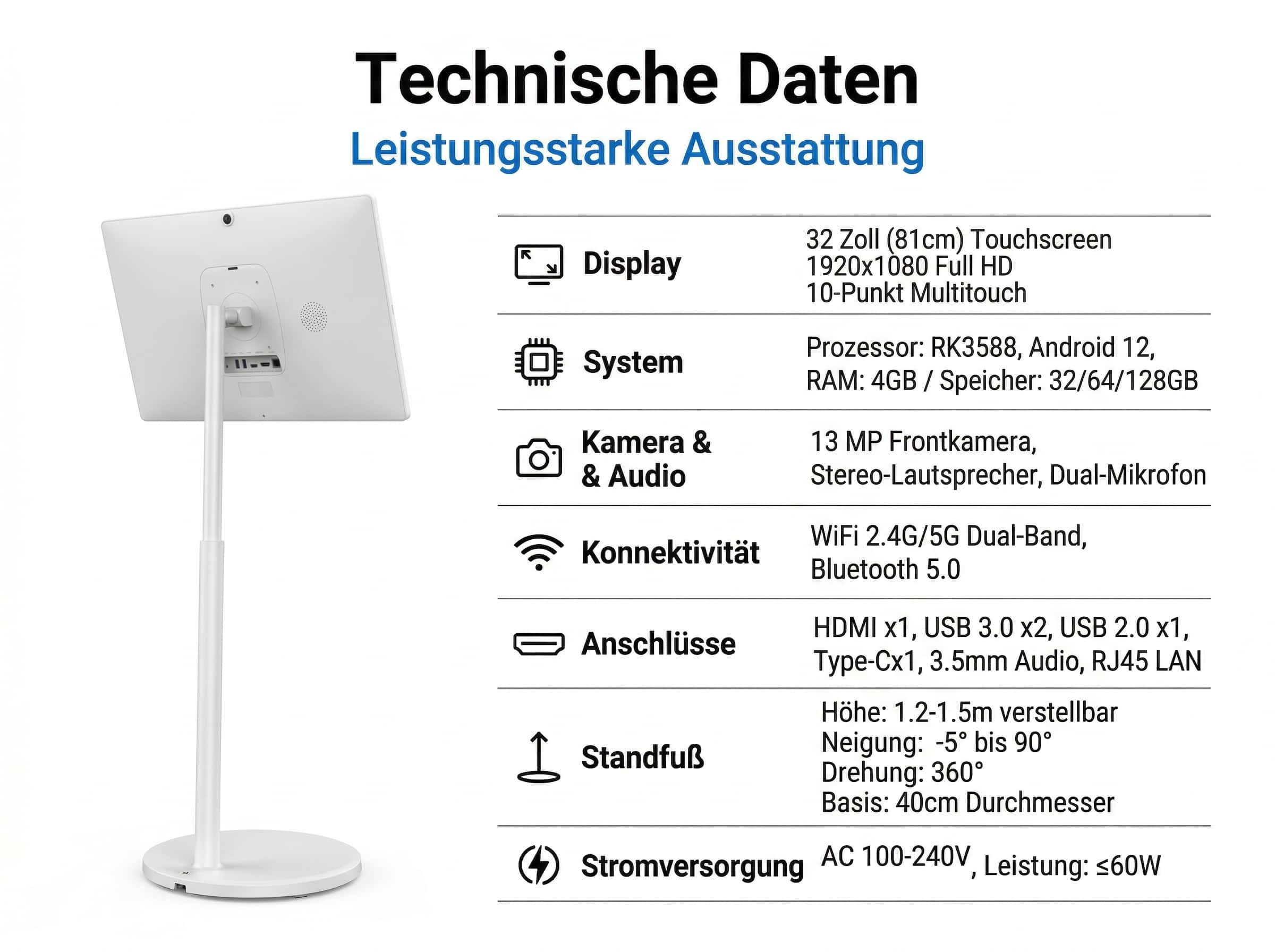 Technische Daten eines 32-Zoll-Touchscreens mit Android 12.