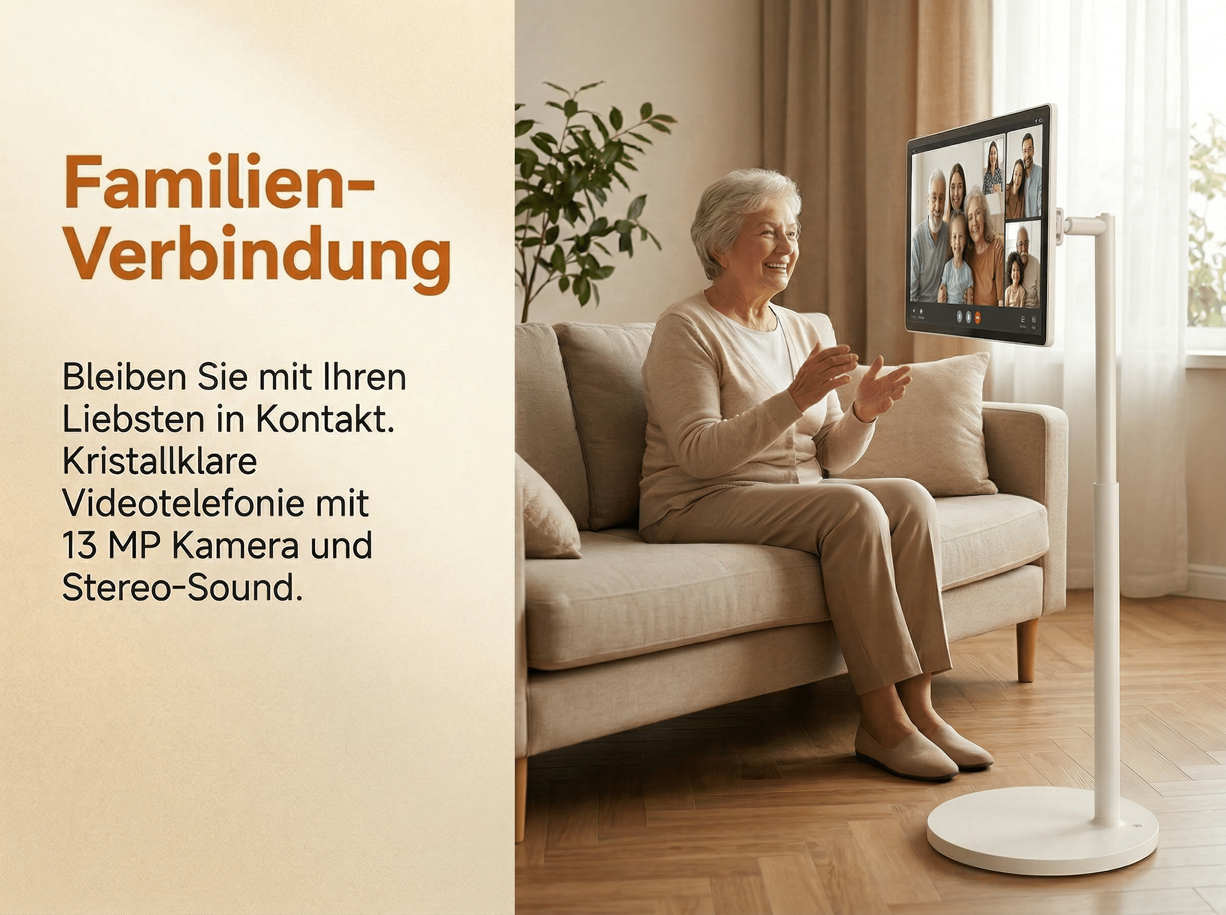 Eine ältere Frau sitzt auf einem Sofa und telefoniert per Video mit ihrer Familie.