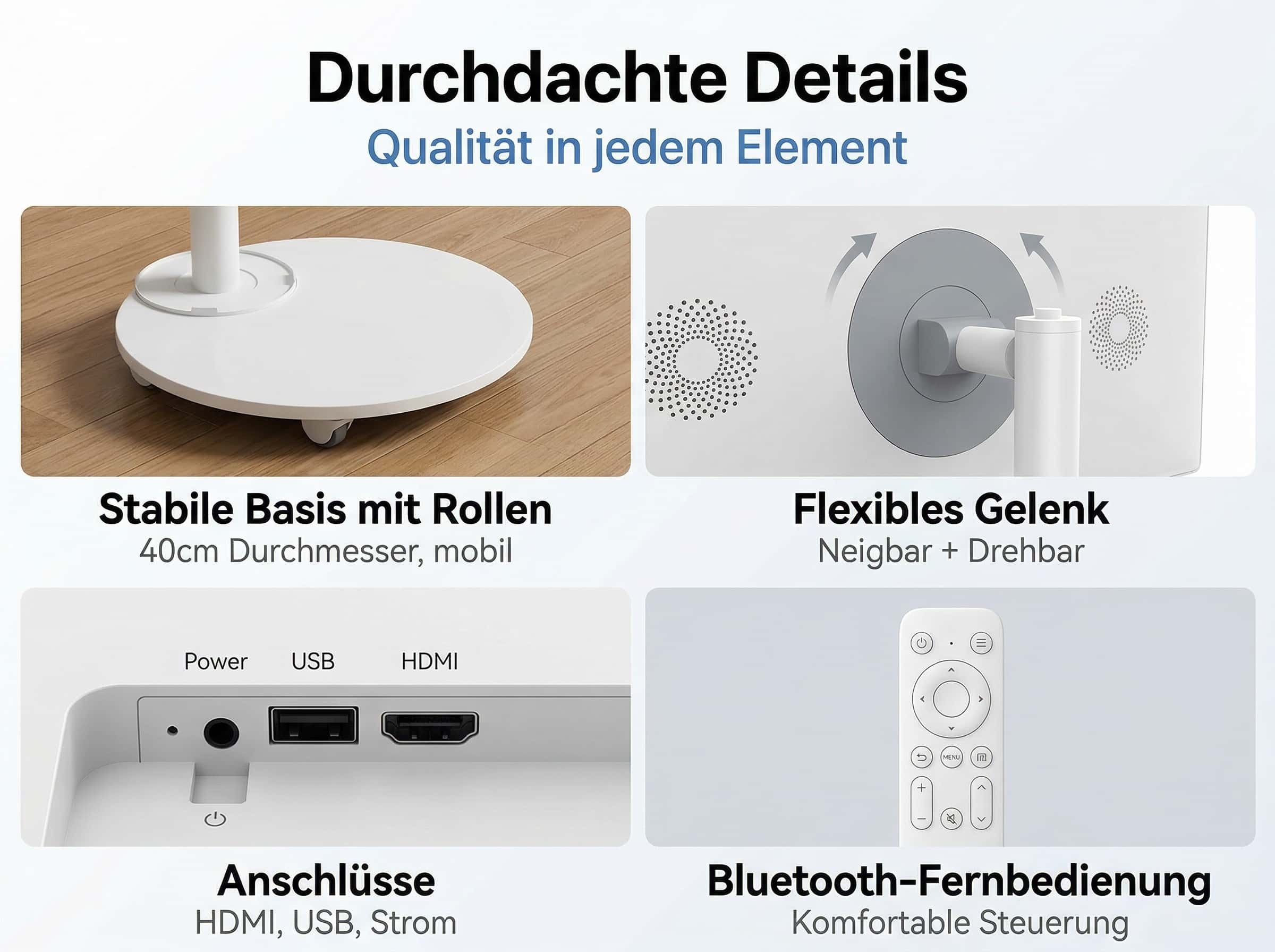 Stabile Basis, flexibles Gelenk, Anschlüsse und Bluetooth-Fernbedienung.
