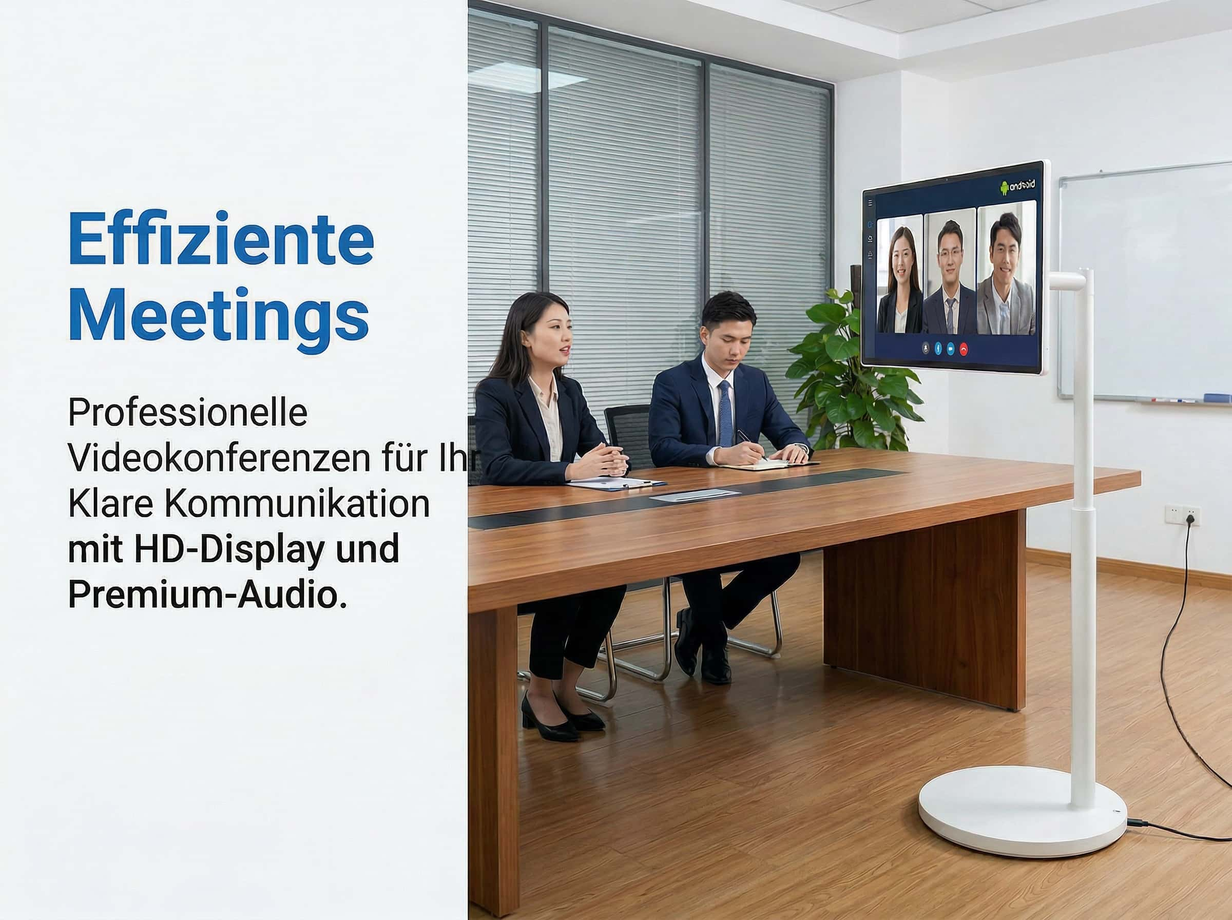 Zwei Personen an einem Konferenztisch, eine Videokonferenz wird auf einem Bildschirm gezeigt.
