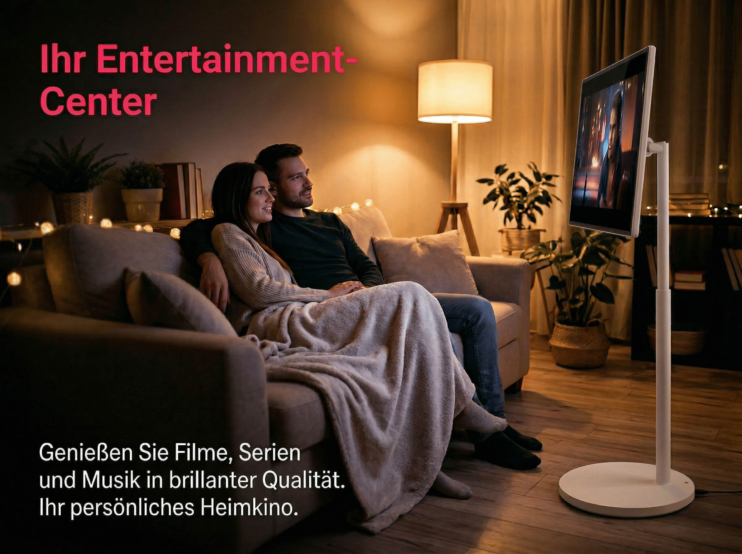 Ein Paar auf einem Sofa schaut einen Fernseher an. Gemütliche Atmosphäre.