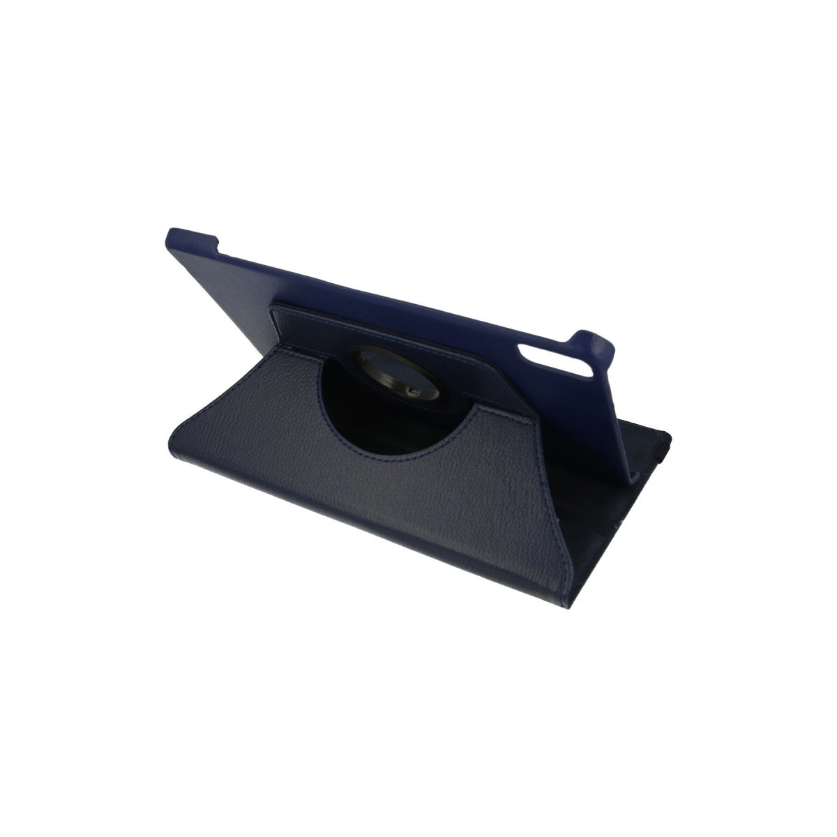 Arkadan aydınlatmalı, koyu mavi tablet kılıfı, beyaz arka plan üzerinde.