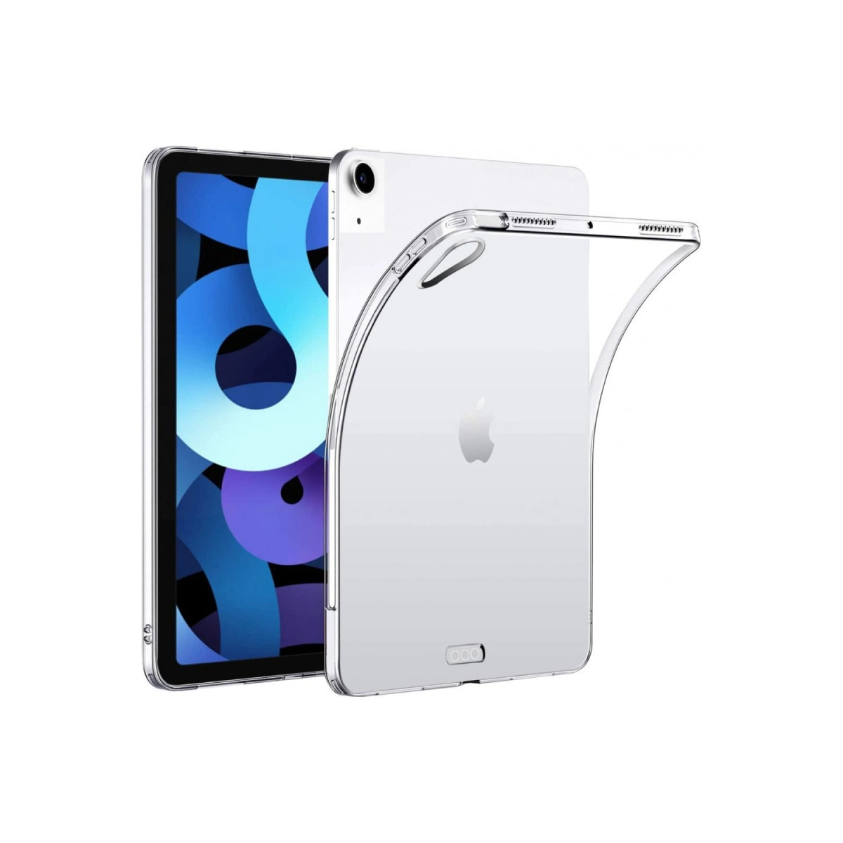 Mavi arka planlı bir tableti kısmen kaplayan şeffaf tablet kılıfı.