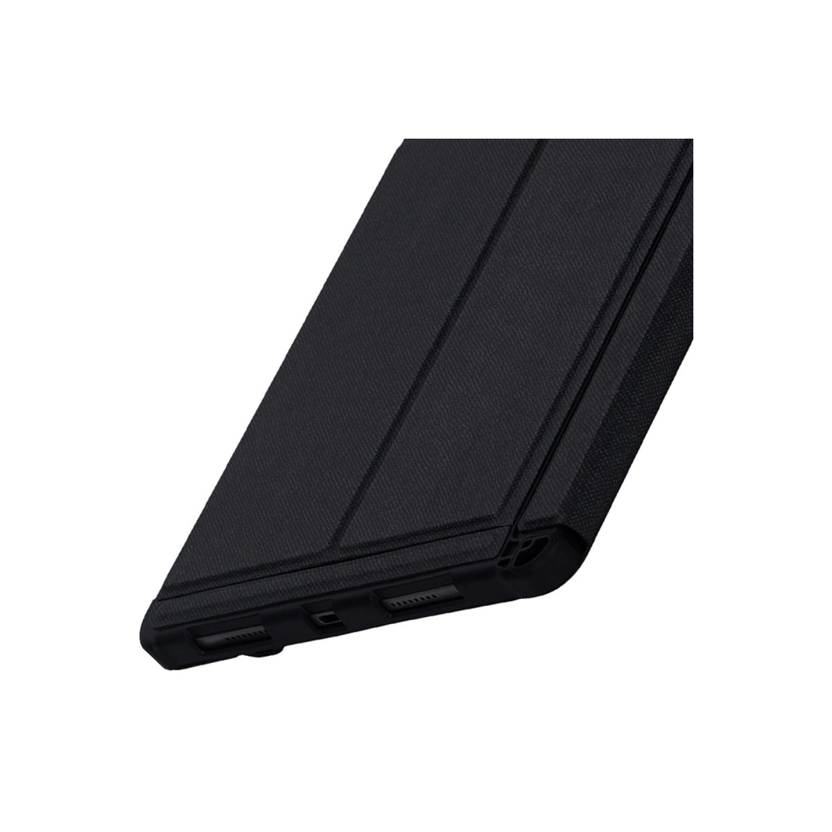 Siyah tablet kumaş kapaklı, alt kenarda şarj portlarını gösteriyor.