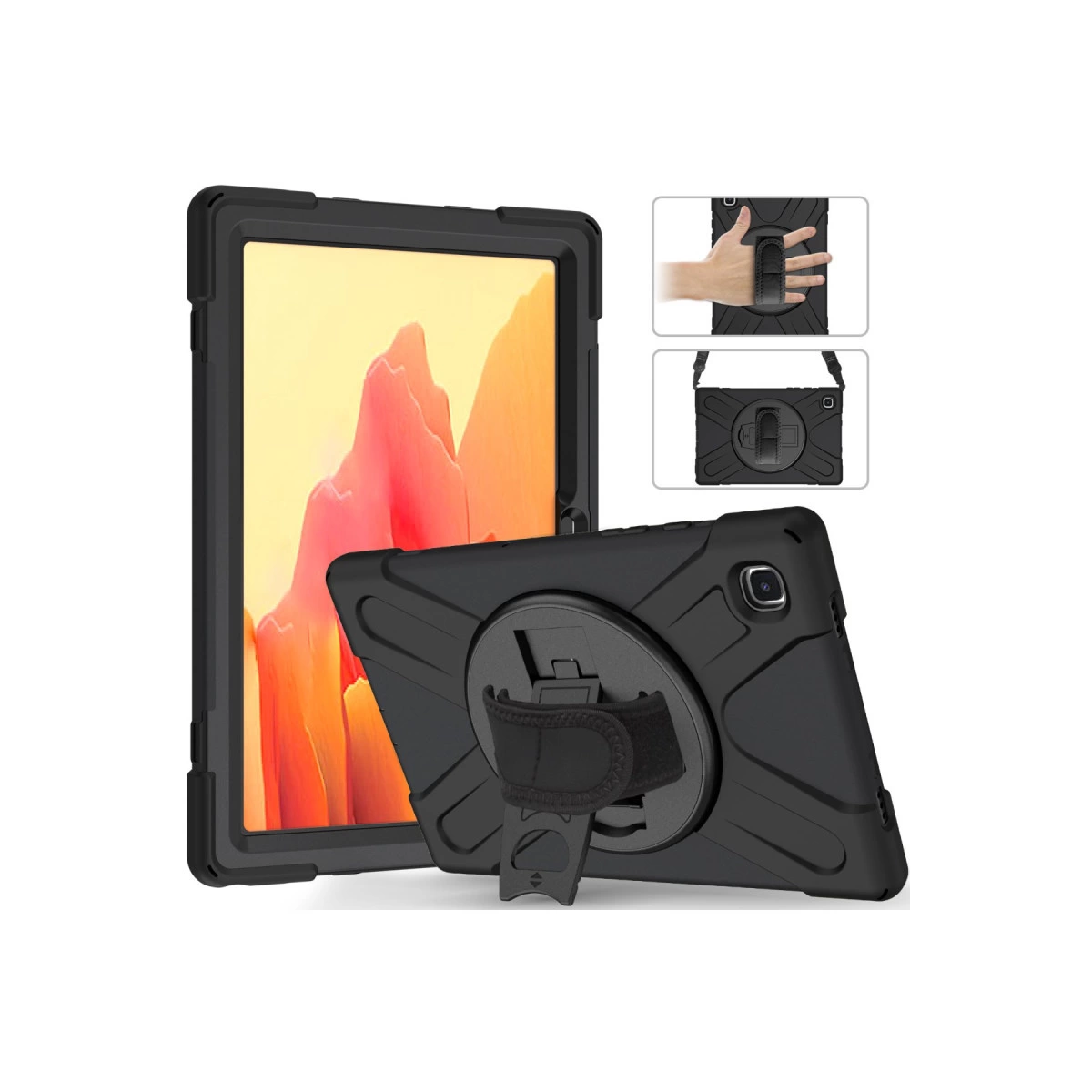 Standlı ve elde tutma kayışlı siyah tablet kılıfı, farklı görünümler için dönebilir.