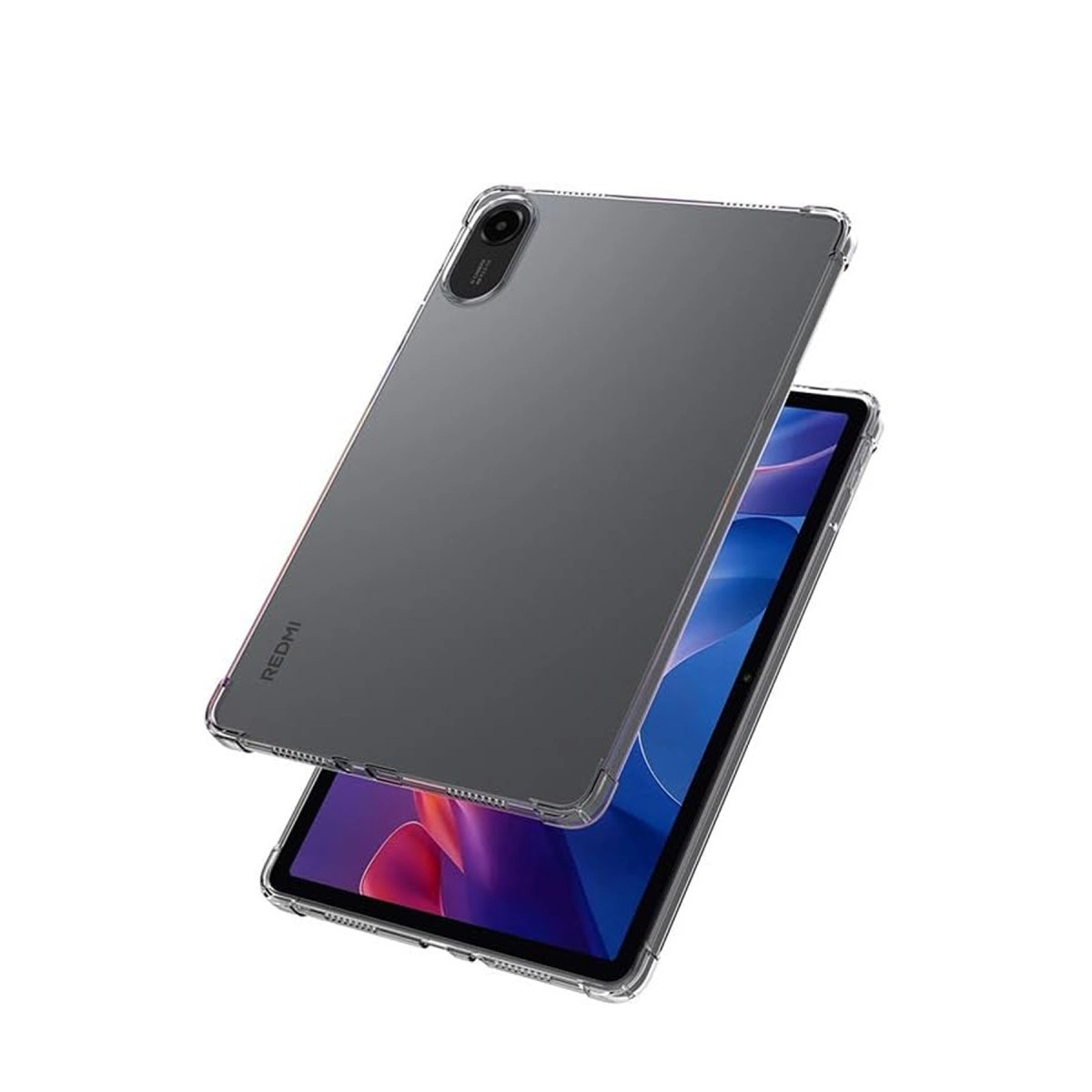 Şeffaf kılıflı gri bir tablet başka bir tabletin üzerinde duruyor.