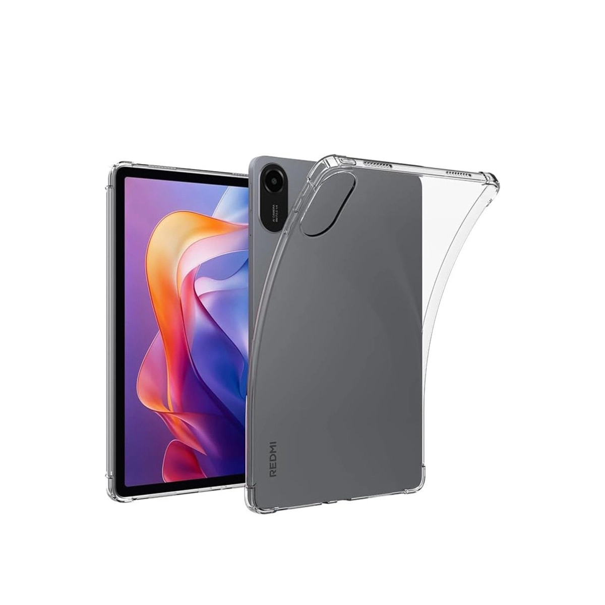 Renkli duvar kağıdı gösteren tablet, şeffaf kılıf içinde.