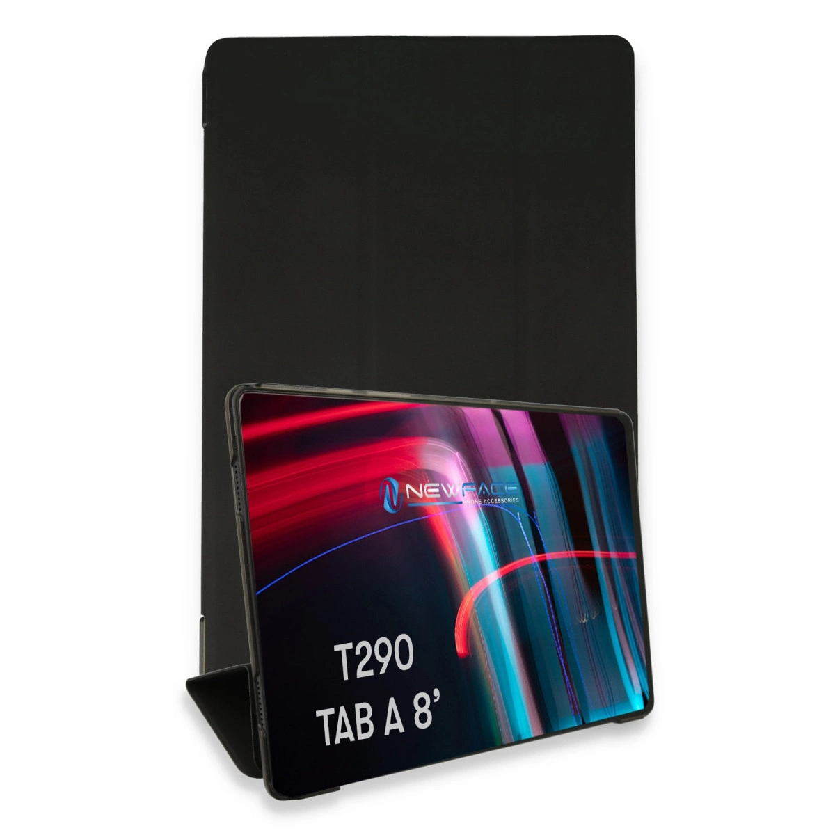 Renkli soyut bir görüntü gösteren 8 inçlik bir tablete sahip siyah tablet kılıfı.