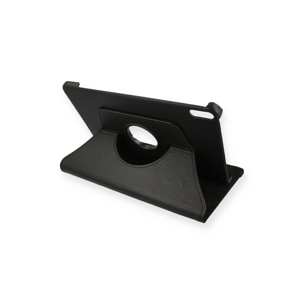 Stand fonksiyonlu siyah tablet kılıfı, beyaz arka planda.