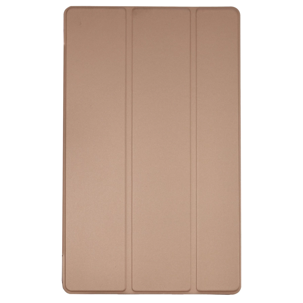 Üç dikey katlanmış, düz, ten rengi tablet kılıfı beyaz bir yüzeyde duruyor.