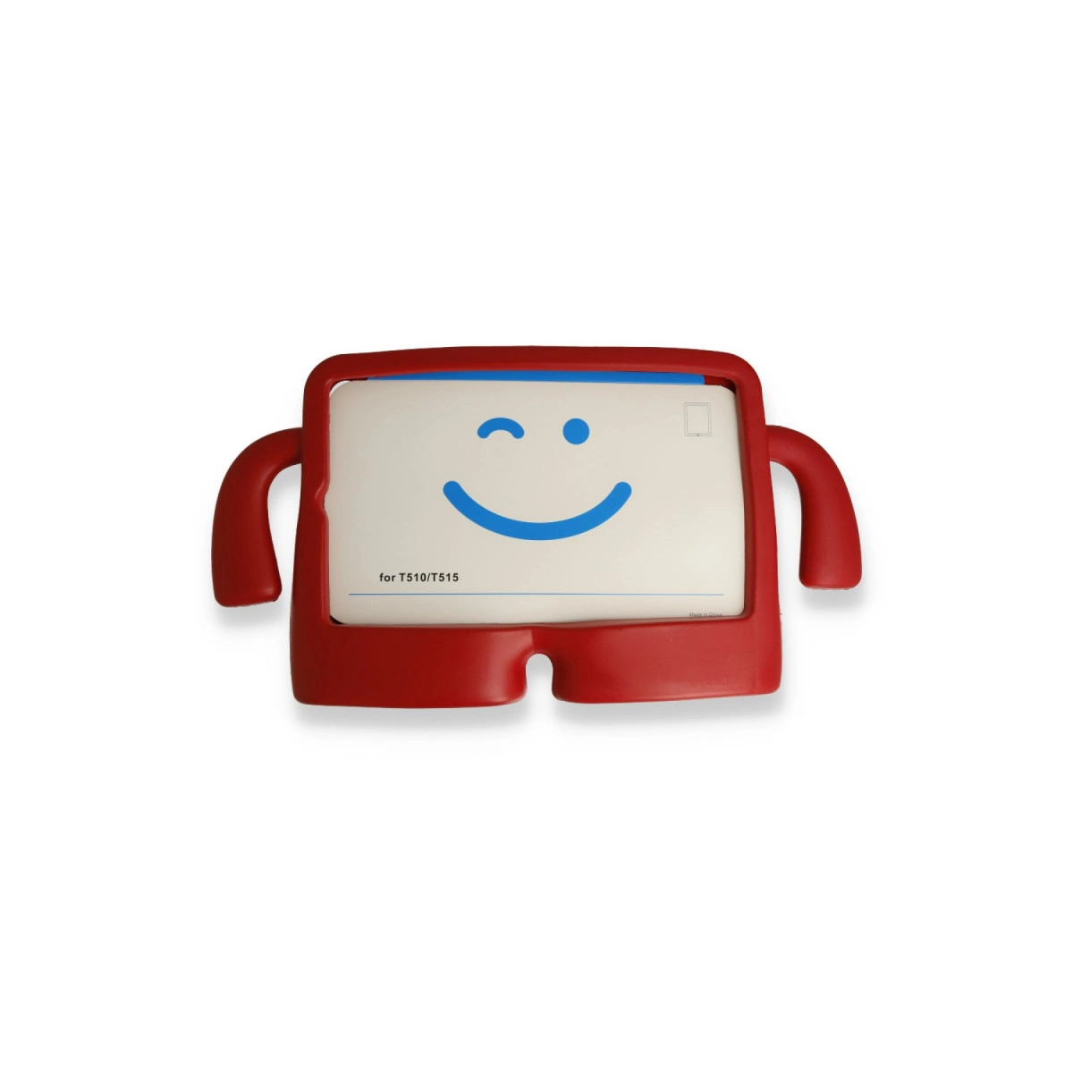 Beyaz arka planda gülen yüzlü kırmızı tablet standı.
