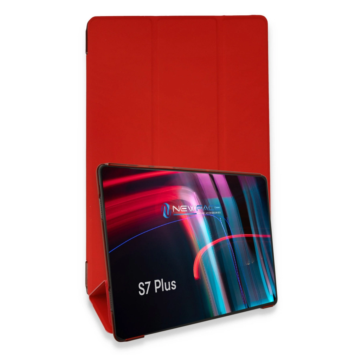 Kırmızı tablet kılıfı, "S7 Plus" yazılı bir tabletin arkasında duruyor.